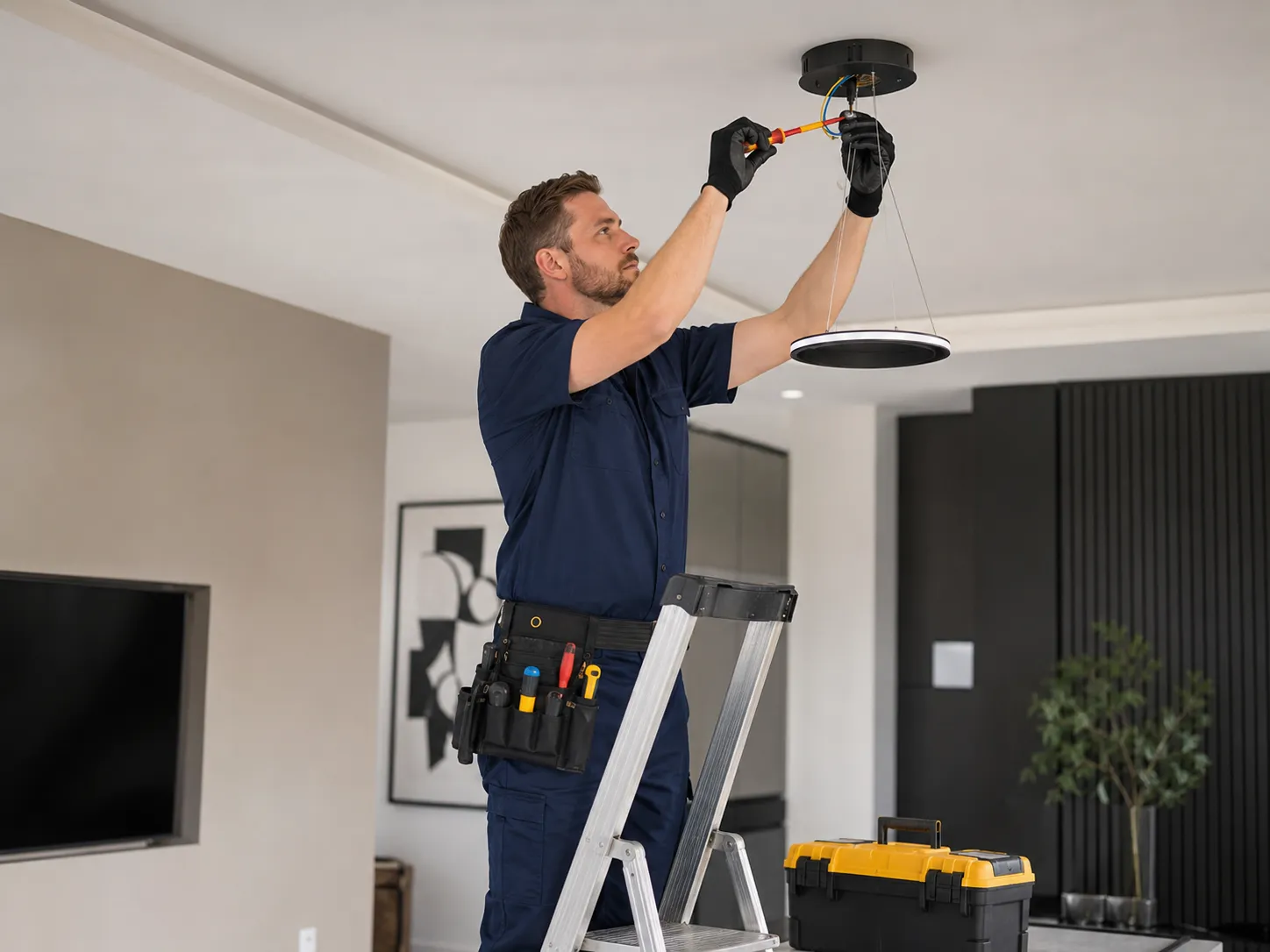 Électricien installant un luminaire après une panne d'éclairage à Antony