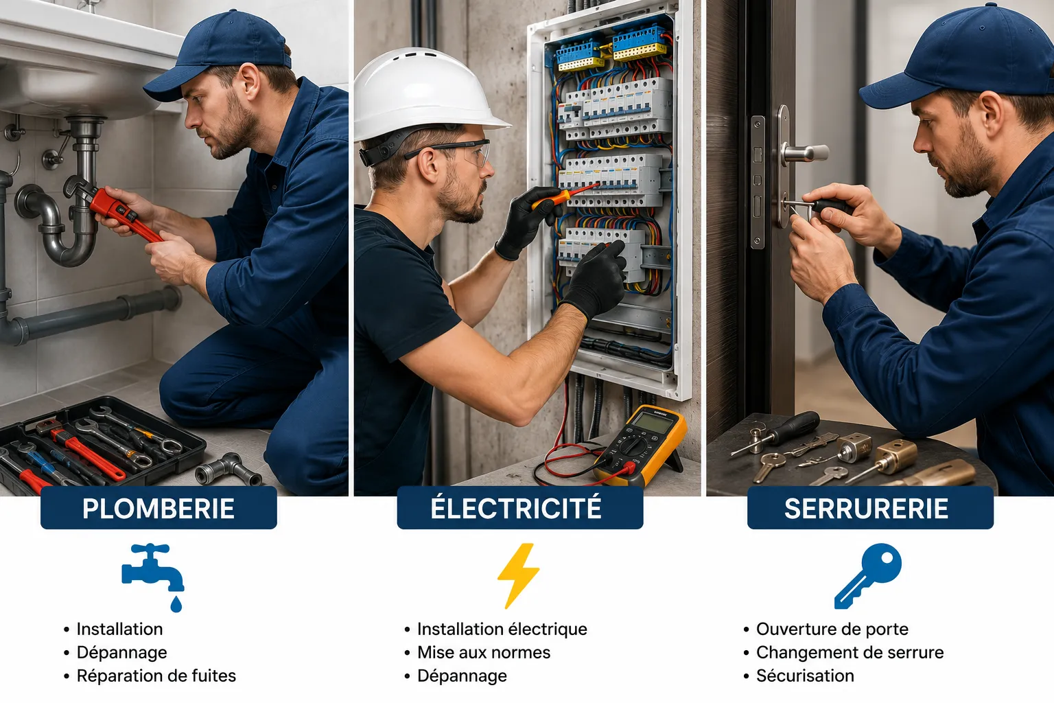Artisans dépanneurs d'urgence — plombier, électricien et serrurier 24h/24 disponibles jour et nuit